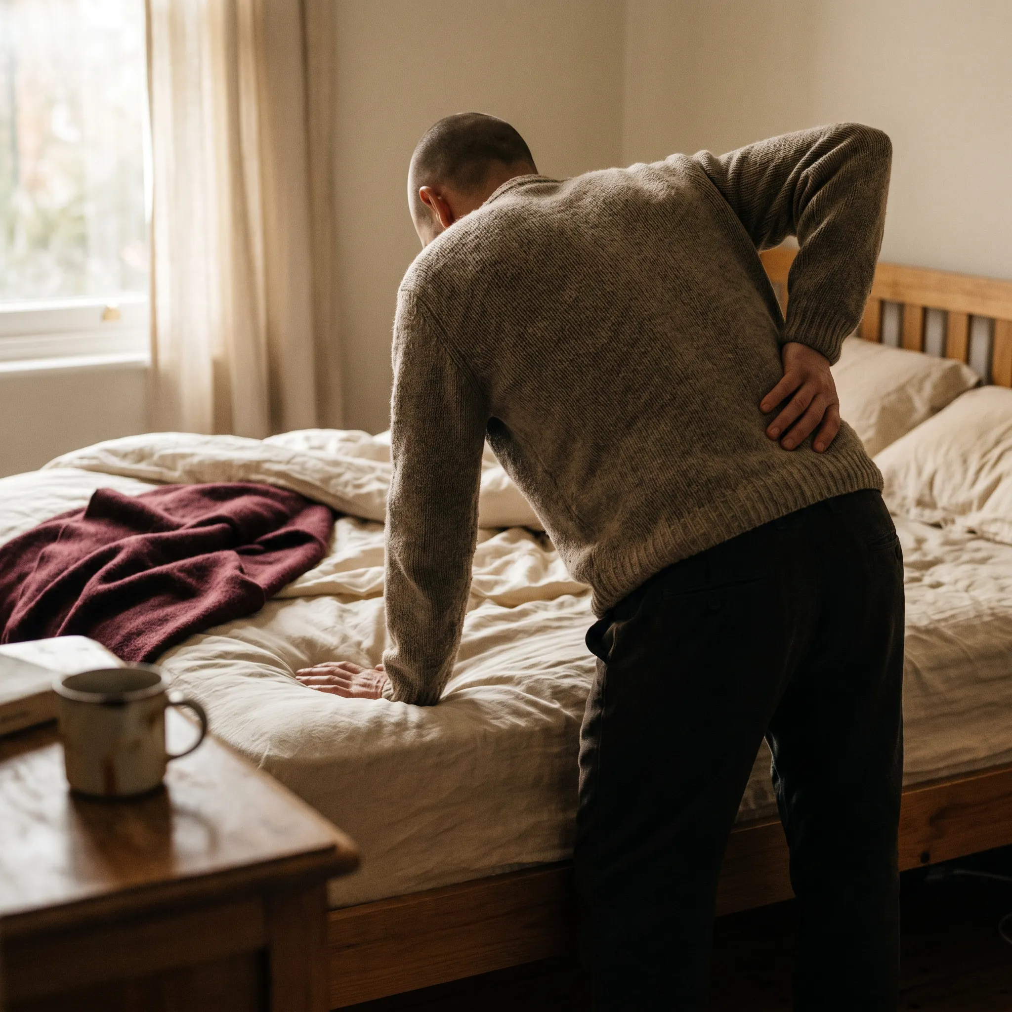 Mensch sitzt am Bettrand, eine Hand am unteren Rücken, im weichen Morgenlicht